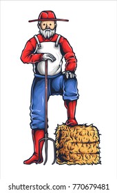 vector illustration of farm people with with farm tool and straw pile