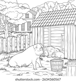 Vector illustration, farm with pigs, coloring