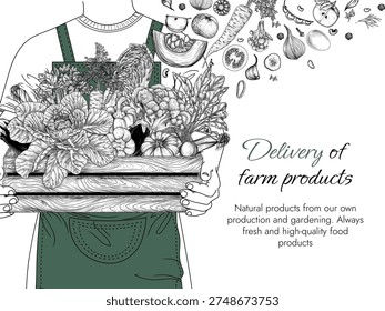 Vector illustration of farm produce delivery. Delivery man holding a wooden crate with vegetables. Banner for a grocery store. Brochure about harvest. Postcard about healthy eating. Organic farming