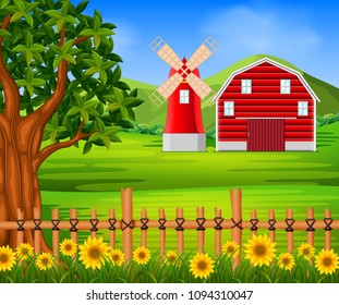 vector illustration of farm with red barn and flower