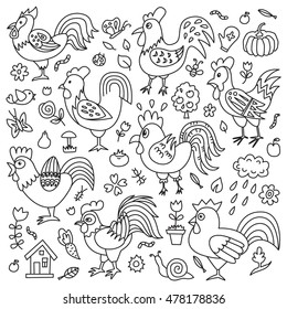 Vector illustration of farm. Rooster design. Black outline illustration.