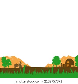Ilustración vectorial de una zona agrícola con tractor, también con árboles de gramíneas y montañas para su uso como fondo 