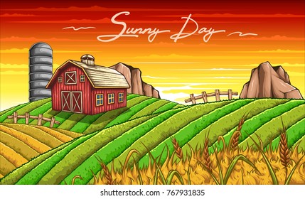 ilustración vectorial de los paisajes agrícolas en los días soleados con silo de granjas de grano verde campo de trigo 