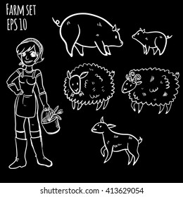 Vector illustration farm set with farmer girl, pig, sheep and goat. Cute doodle farm set. Wonderful handy drawn farm animals and farmer on black background.
