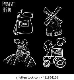 Vector illustration farm set with mill, tractor, bag of flour, flour. Farm doodle cartoon handy drawn illustration, nature products. Chalk farm sketch.