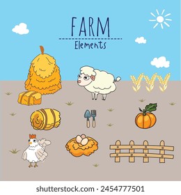 Vector illustration of a farm with a set of tools for gardening.