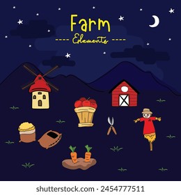 Vector illustration of a farm with a set of tools for gardening.