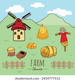 Vector illustration of a farm with a set of tools for gardening.