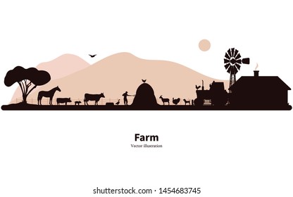 Vector Illustration Of A Farm Silhouette With A Rustic House Tractor Animals. Isolated On White Background. The Concept Of Farming And Animal Husbandry.