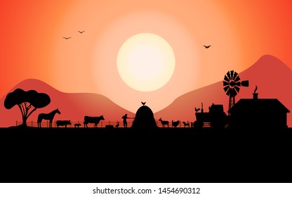 Vector illustration of a farm silhouette with a tractor and a ranch animals on the background of the evening sunset. The concept of farming and animal husbandry.