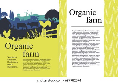 Vector illustration of a farm with silhouettes of animals of cows, chickens and trees. Agricultural template.