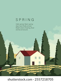Vector illustration. Farm, spring. Poster, banner, postcard, cover. Modern design, nature.