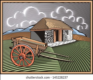 Vector illustration of a farm, surrounded by fields and mountains, done in retro woodcut style.
