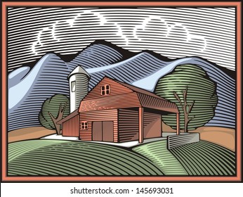 Vector illustration of a farm, surrounded by fields and mountains, done in retro woodcut style.