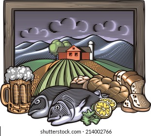 Ilustración vectorial de una granja, rodeada de campos y montañas, realizada en estilo retro de madera.