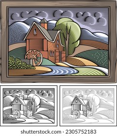 Vector illustration of a farm surrounded by fields and mountains done in retro woodcut style