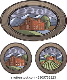Ilustración vectorial de una granja rodeada de campos y montañas realizadas en estilo retro de madera