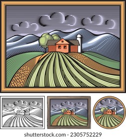 Vector illustration of a farm surrounded by fields and mountains done in retro woodcut style