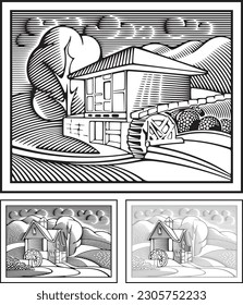 Vector illustration of a farm surrounded by fields and mountains done in retro woodcut style