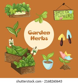 Vector illustration of farm tools, vegetables, fruits, organic farm products. Collection of garden items in cartoon style. Agriculture, harvest, products.