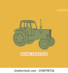 Vector illustration of a farm tractor or harvester. Simple, flat, green and yellow, retro style. Typical equipment for agro-industrial complexes. Agricultural business element.
