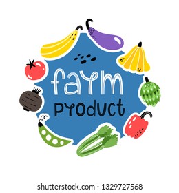 Vector illustration of Farm vegetables. Doodle style. Set of vegetables and text. eps 10