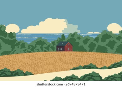 Ilustración vectorial. Granja en un fondo de campo de trigo, Anuncio, cubierta. Estilo retro.