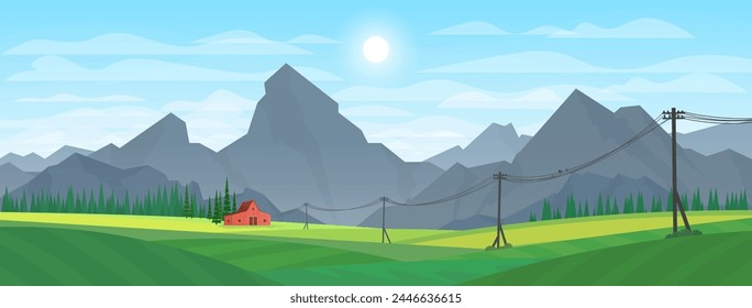 Vector illustration. Farm, wide fields, grain crops. Mountain ranges are in the background. A very wide landscape. Farm theme. Green slopes and electric poles. Farm barn and house.