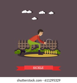 Vector illustration of farm worker reaping grain crops or cutting dried forage with sickle in flat style.