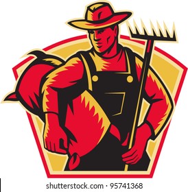 vector Illustration of a farmer agricultural worker wearing hat with rake and sack of seeds facing front done in retro woodcut style.