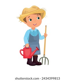Ilustración vectorial de niño agricultor sosteniendo regadera y horca