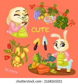 Vector illustration of a farmer bunny, farmer's tools, vegetables, fruits, organic farm products. Collection of characters and items in cartoon style. Agriculture, harvest, groceries.