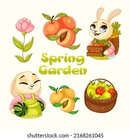 Vector illustration of a farmer bunny, farmer's tools, vegetables, fruits, organic farm products. Collection of characters and items in cartoon style. Agriculture, harvest, groceries.