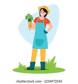 Vector illustration of a farmer. Cartoon scene with a happy farmer who rejoices in the harvest and holds carrots in her hands on white background.