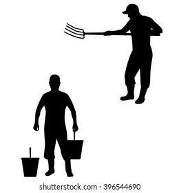 Vector illustration of a farmer, cattleman. Isolated silhouette on a white background. Man with pitchfork and buckets.