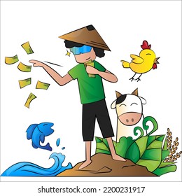 vector illustration of farmer character throwing money