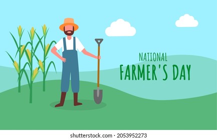 Vector illustration, a farmer in a corn field, as a banner or poster, national farmer's day
