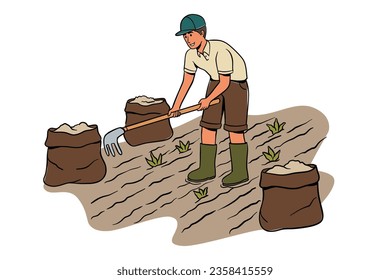 Vector illustration of a farmer in a corn field. Concept of organic farming, Asian farmer in agriculture