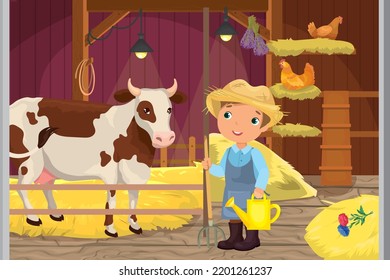 Vector illustration of farmer and cow in animal house