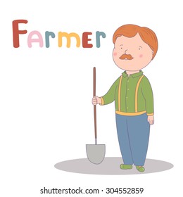 Vector illustration of farmer. Cute alphabet in vector. F letters. Funny cartoon.