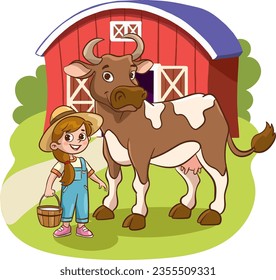 Ilustración vectorial de una niña y vaca adorables