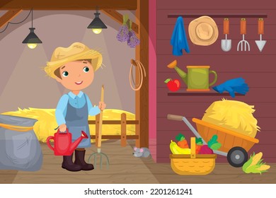 Vector illustration of farmer and different gardening inside the barn