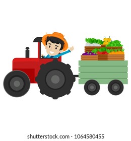 Vector Illustration of a Farmer driving a tractor full of Fruits and Vegetables