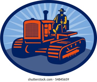 vector illustration of a Farmer driving vintage tractor set inside an oval.