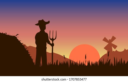ilustración vectorial de un granjero en un campo con una horquilla en su mano cerca de un pajar en un fondo de puesta de sol