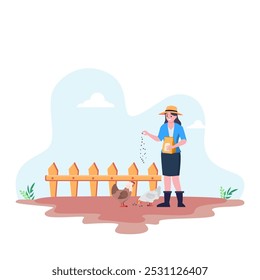 Vector Illustration of a Farmer Girl feeding the chicken with feeds.