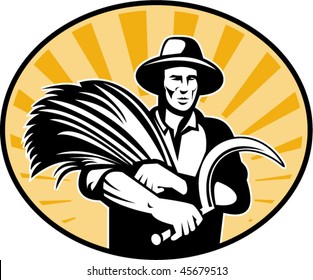 vector illustration of a Farmer harvesting wheat with scythe with sunburst in background retro style