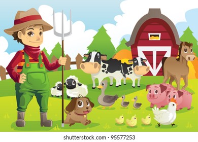 A Vector Illustration Of A Farmer At His Farm With A Bunch Of Farm Animals