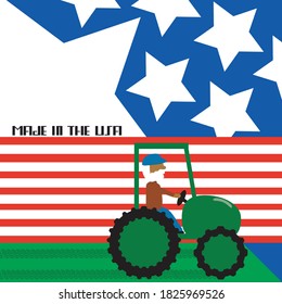 Vector illustration of a farmer in his tractor working on a field with an American flag on the background and the words made in the USA.