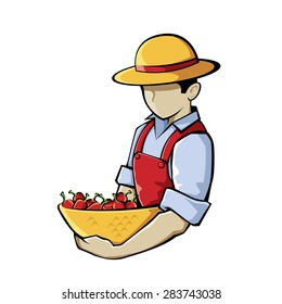 Vector illustration of a farmer holding a basket of chili pepper